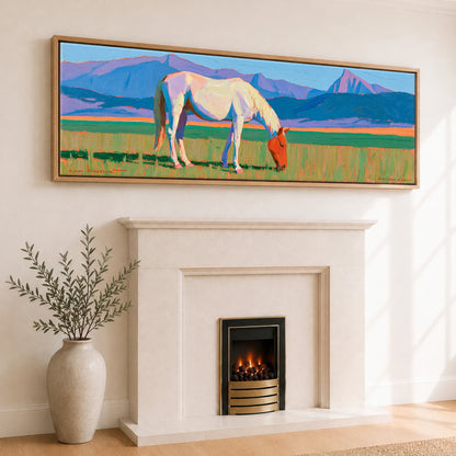 Vivid Mountain Pasture Horse Landscape panoramic canvas wall art displayed above a fireplace