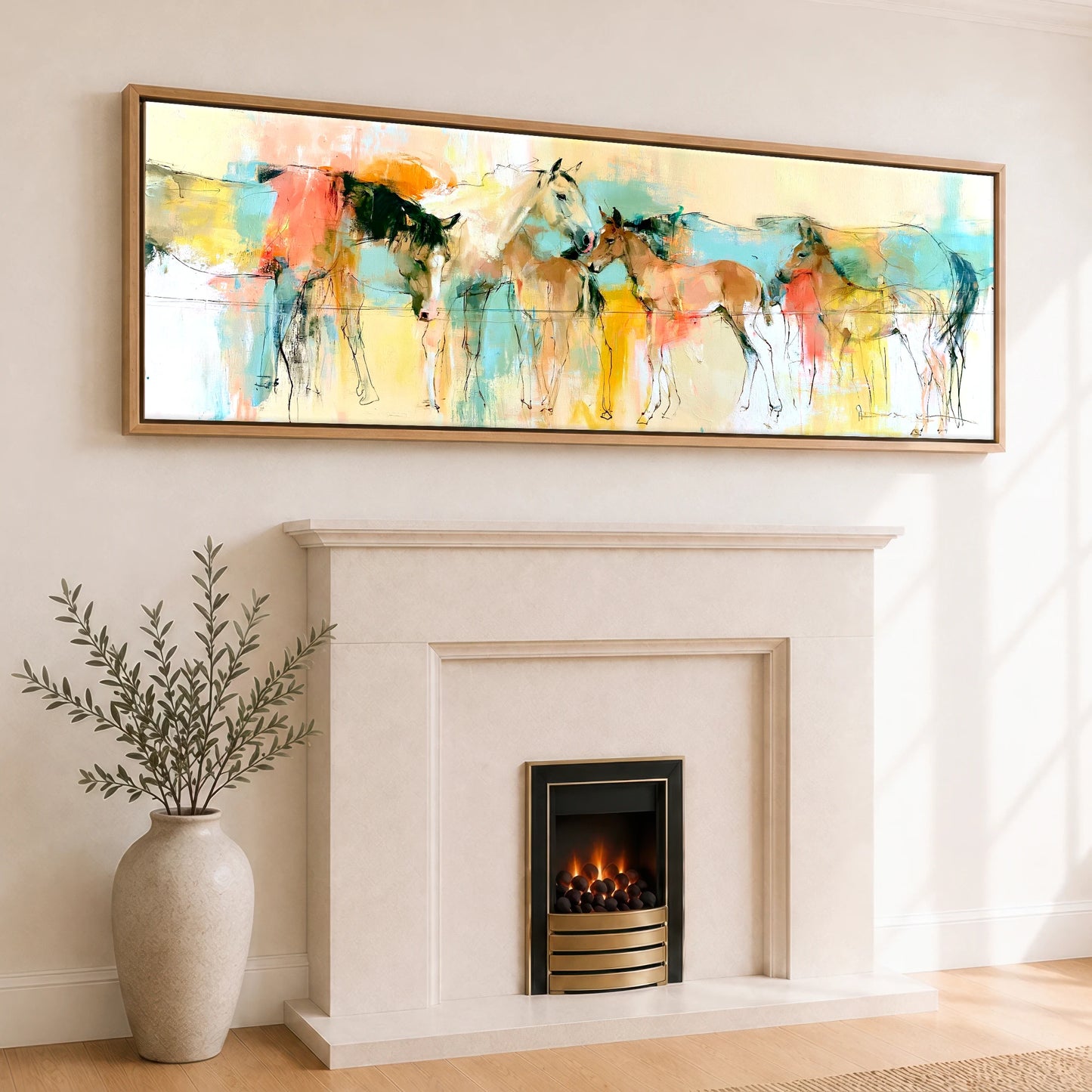 Vibrant Pasture Companions Mare & Foal panoramic canvas wall art displayed above a fireplace