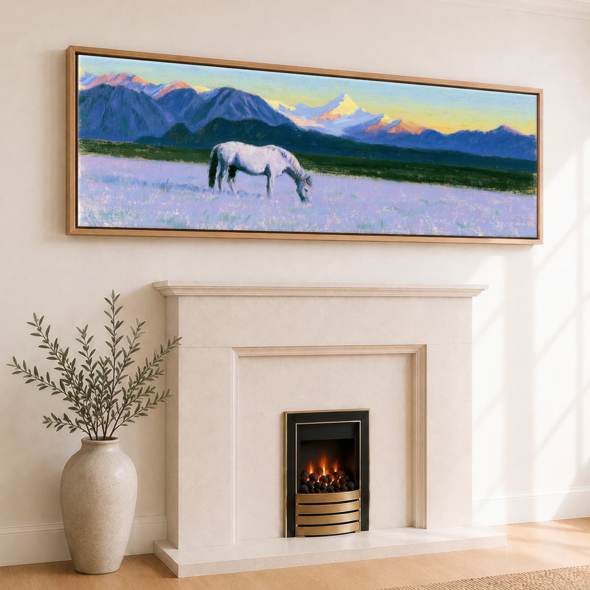 Lavender Mountain Pasture Horse Landscape panoramic canvas wall art displayed above a fireplace