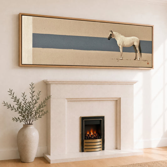 Minimalist Horizon Horse Landscape panoramic canvas wall art displayed above a fireplace