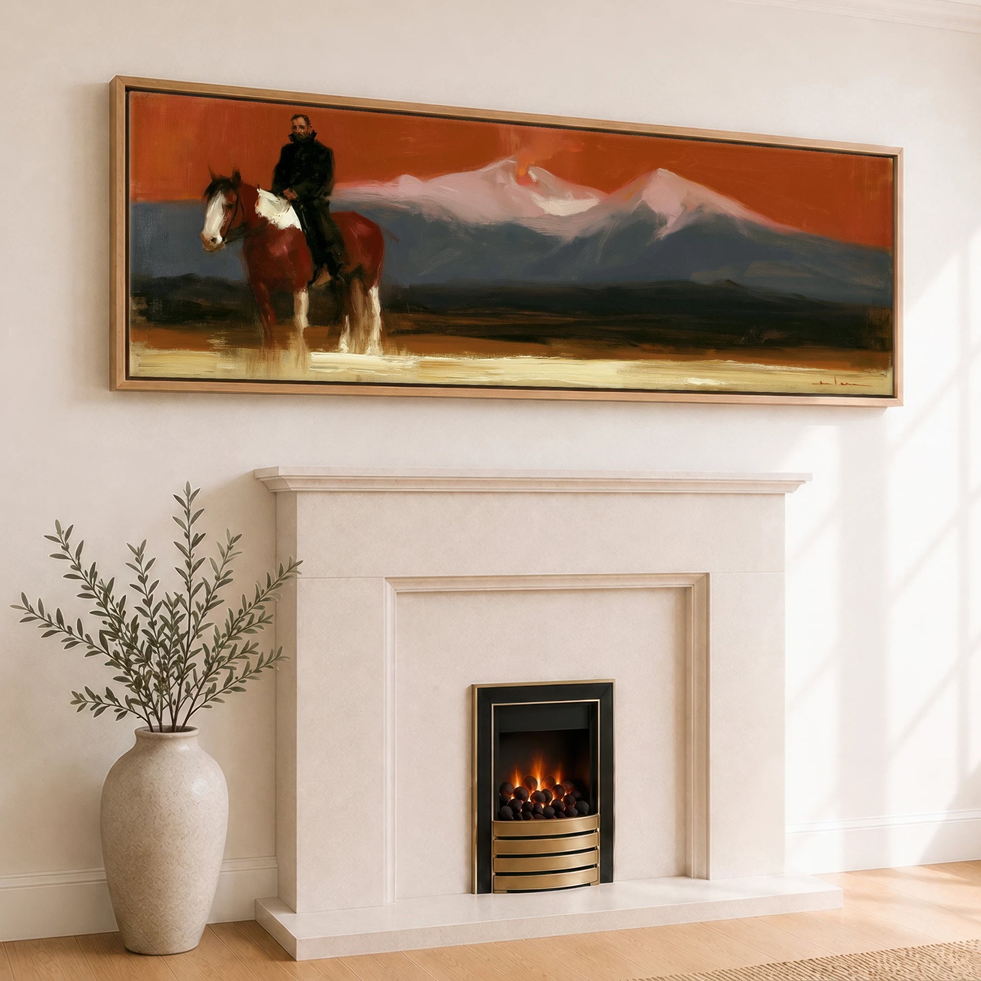The Vast Horizon Horse Landscape panoramic canvas wall art displayed above a fireplace