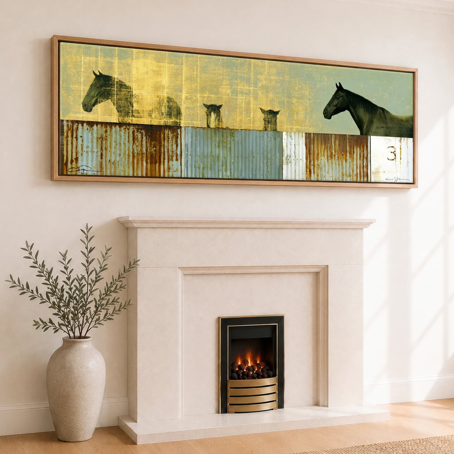 Golden Yard Watch Horse Stable panoramic canvas wall art displayed above a fireplace