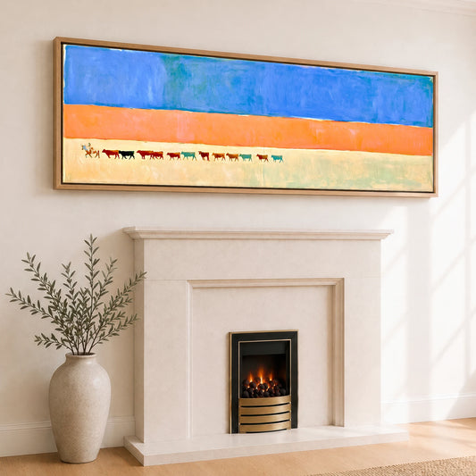 Painted Desert Drive Western Horse panoramic canvas wall art displayed above a fireplace