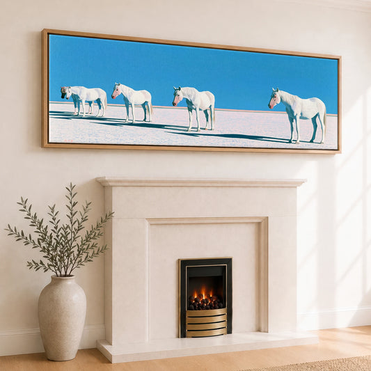 Silent Greys Beneath Azure Horse Landscape panoramic canvas wall art displayed above a fireplace