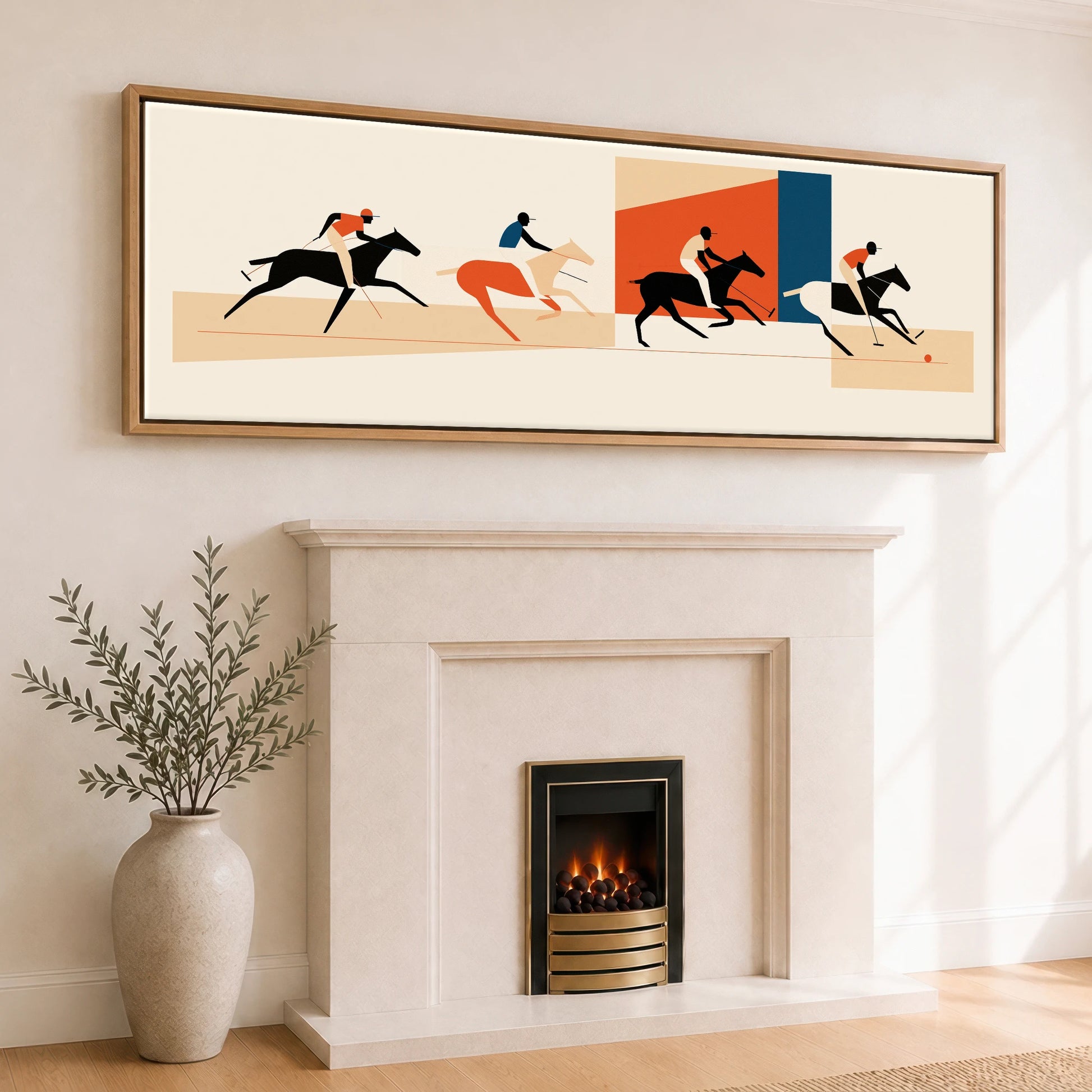 Retro Polo Pursuit Polo Horse panoramic canvas wall art displayed above a fireplace