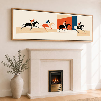 Retro Polo Pursuit Polo Horse panoramic canvas wall art displayed above a fireplace