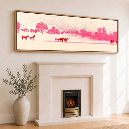 Crimson Mirage Wild Horses panoramic canvas wall art displayed above a fireplace