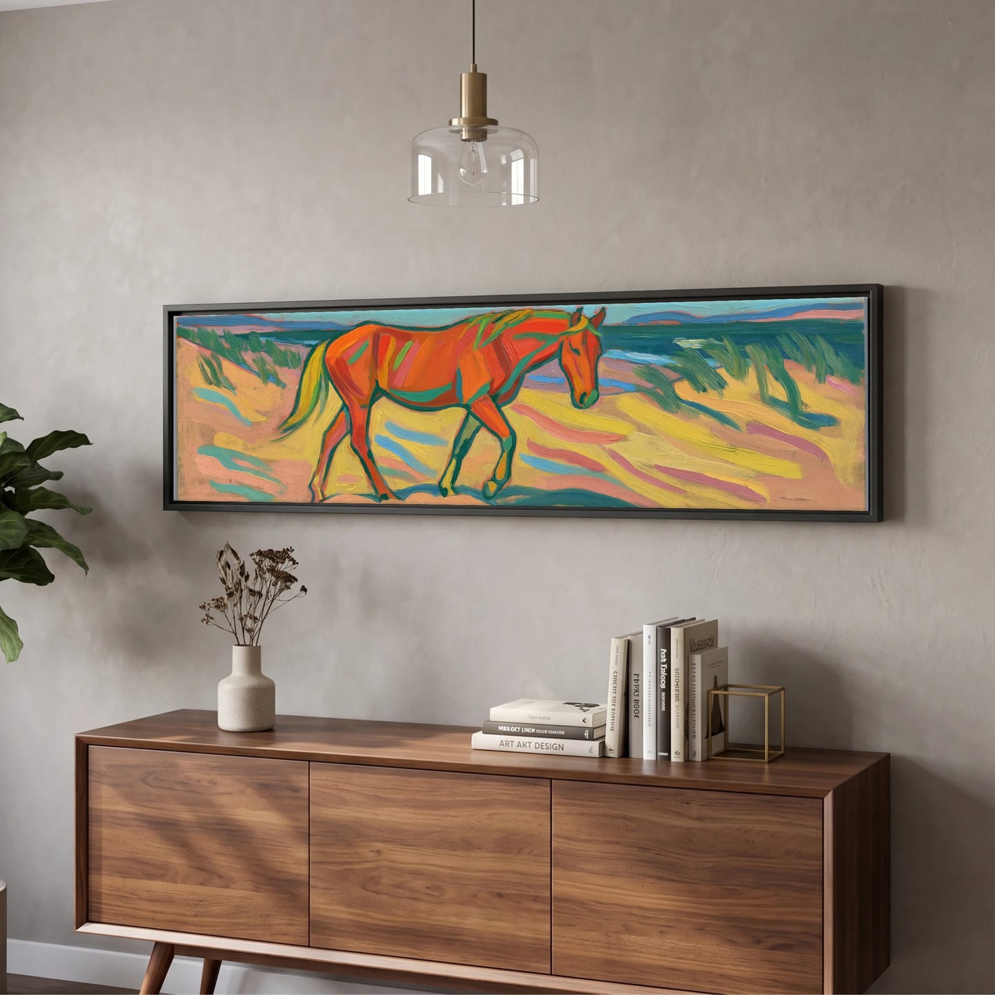 Vivid Coastal Stride Horse Landscape panoramic canvas wall art displayed above a walnut sideboard