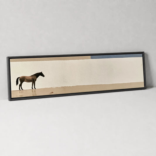 Minimalist Equine Horizon Horse Landscape panoramic canvas wall art in black float frame