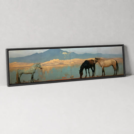Gilded Shoreline Reflections Horse Landscape panoramic canvas wall art in black float frame