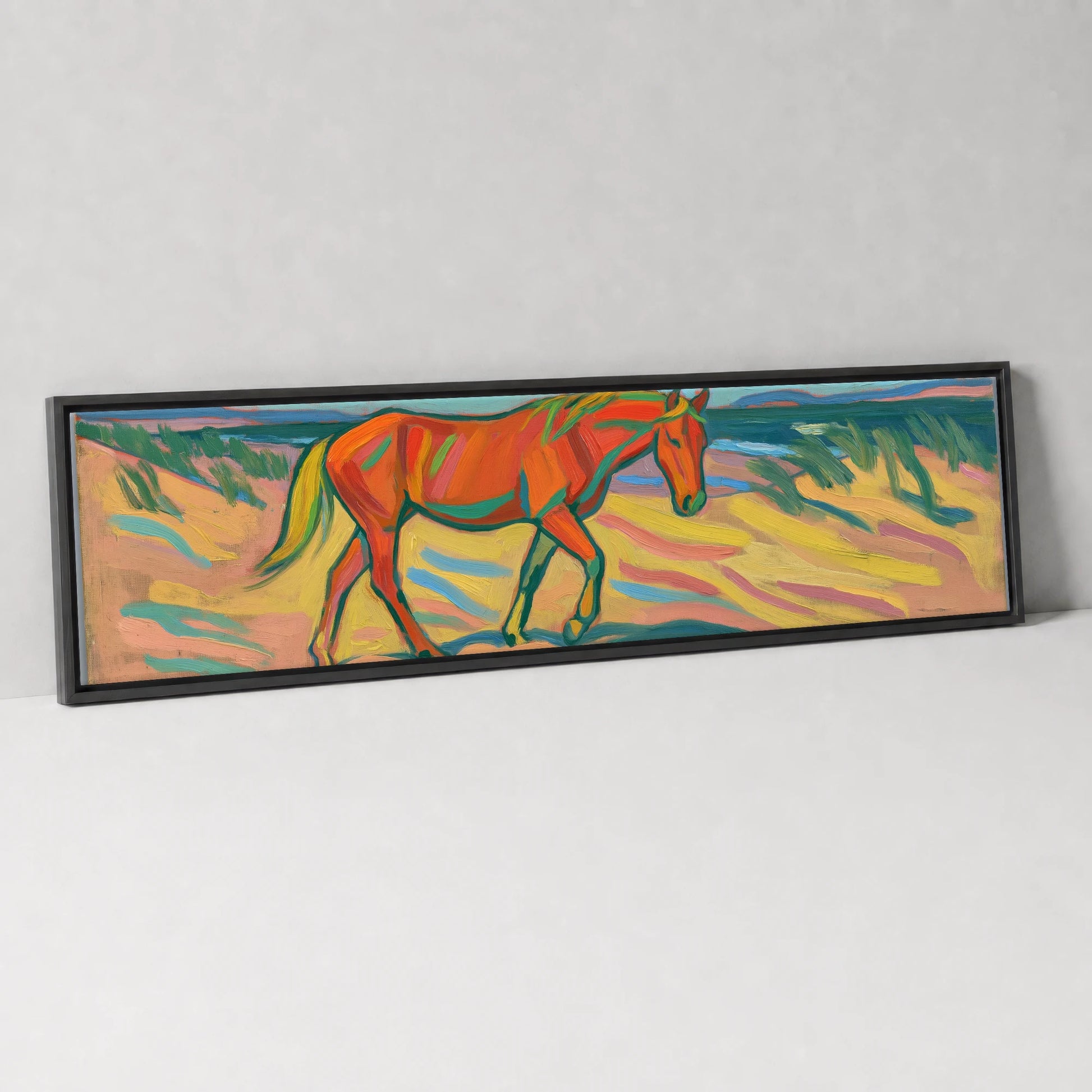 Vivid Coastal Stride Horse Landscape panoramic canvas wall art in black float frame
