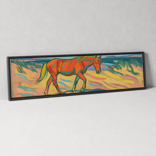 Vivid Coastal Stride Horse Landscape panoramic canvas wall art in black float frame