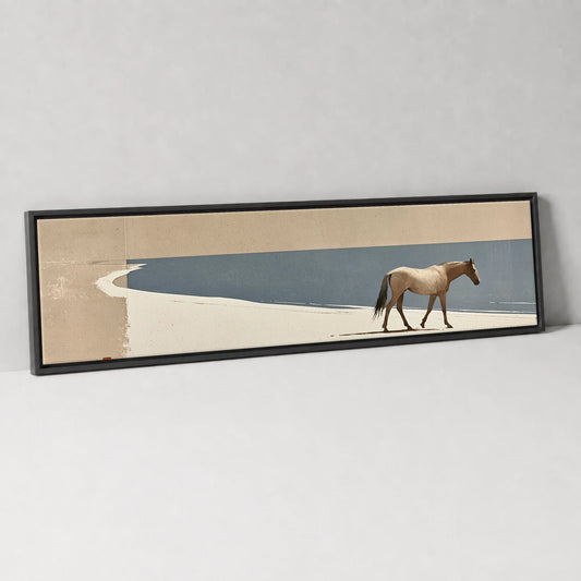 Quiet Shoreline Journey Horse Landscape panoramic canvas wall art in black float frame