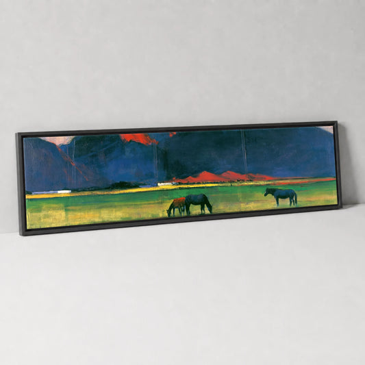 Vibrant Mountain Pasture Horse Landscape panoramic canvas wall art in black float frame