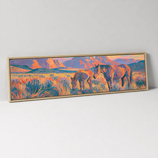 Painted Valley Grazing Horse Landscape panoramic canvas wall art in natural float frame