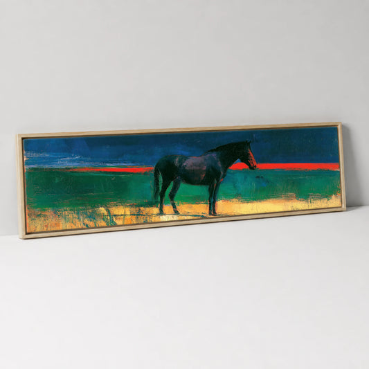 The Crimson Horizon Horse Landscape panoramic canvas wall art in natural float frame