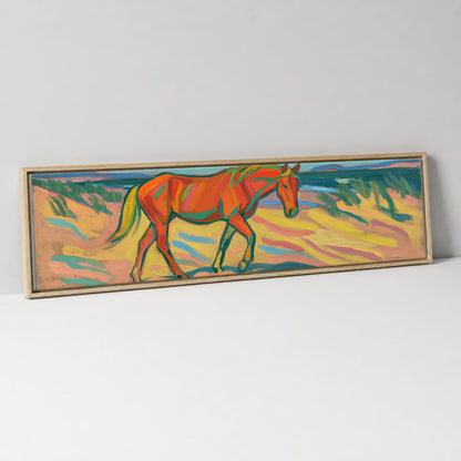 Vivid Coastal Stride Horse Landscape panoramic canvas wall art in natural float frame