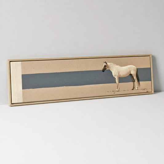Minimalist Horizon Horse Landscape panoramic canvas wall art in natural float frame