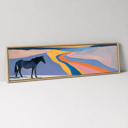 The Painted Valley Horse Landscape panoramic canvas wall art in natural float frame