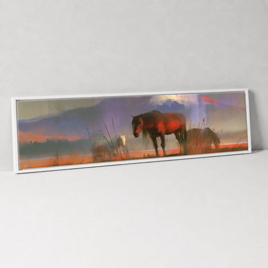 Violet Horizons Horse Landscape panoramic canvas wall art in white float frame