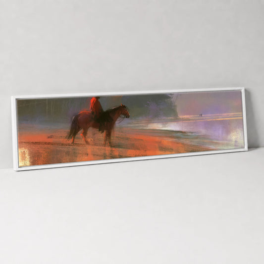 Shoreline Solitude Horse Landscape panoramic canvas wall art in white float frame