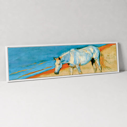 Cerulean Coastline Horse Landscape panoramic canvas wall art in white float frame