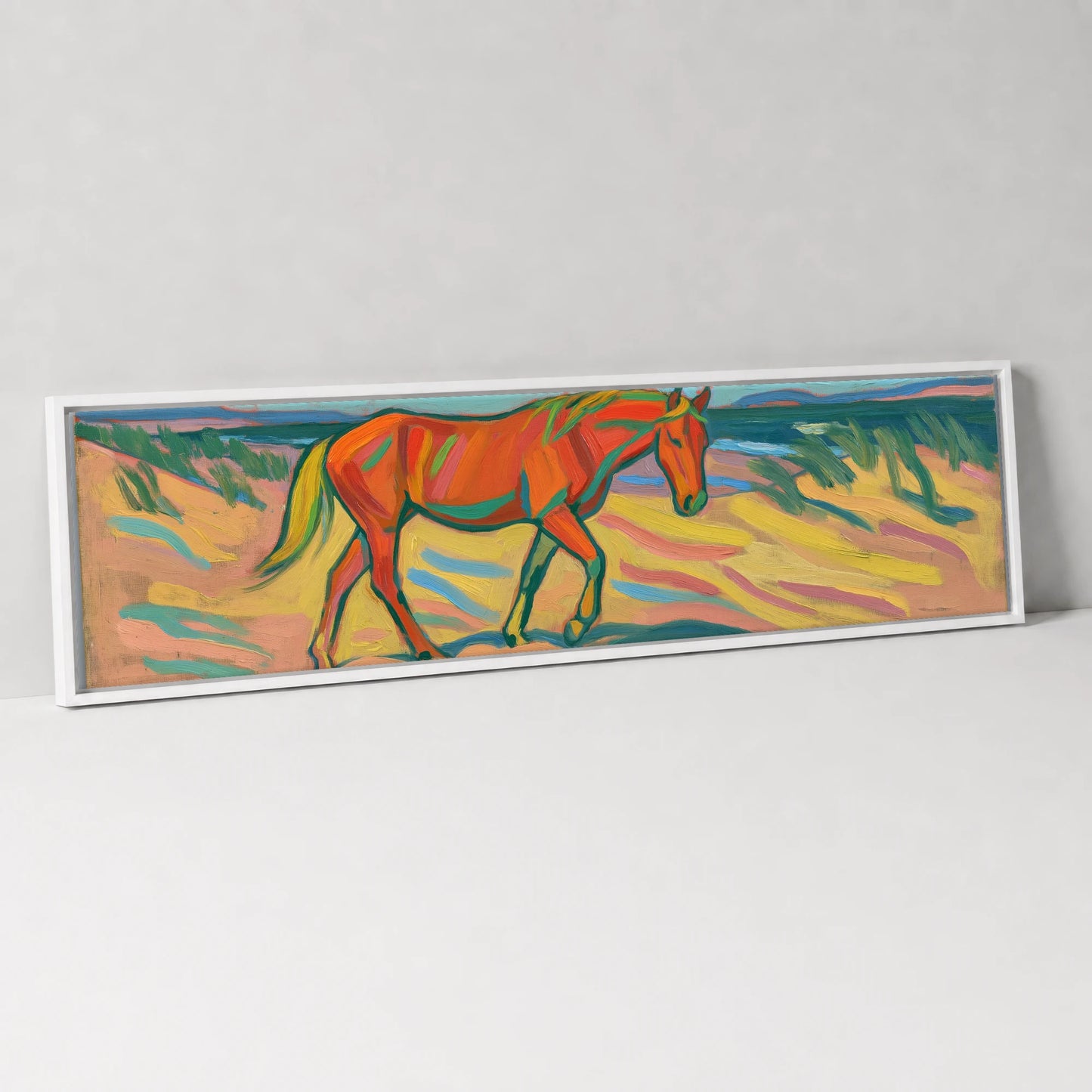 Vivid Coastal Stride Horse Landscape panoramic canvas wall art in white float frame