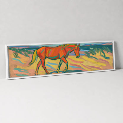 Vivid Coastal Stride Horse Landscape panoramic canvas wall art in white float frame