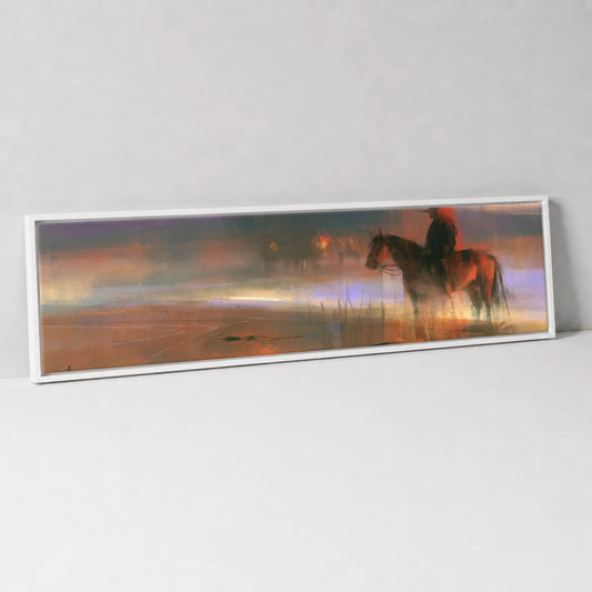 Out at Dawn Horse Landscape panoramic canvas wall art in white float frame