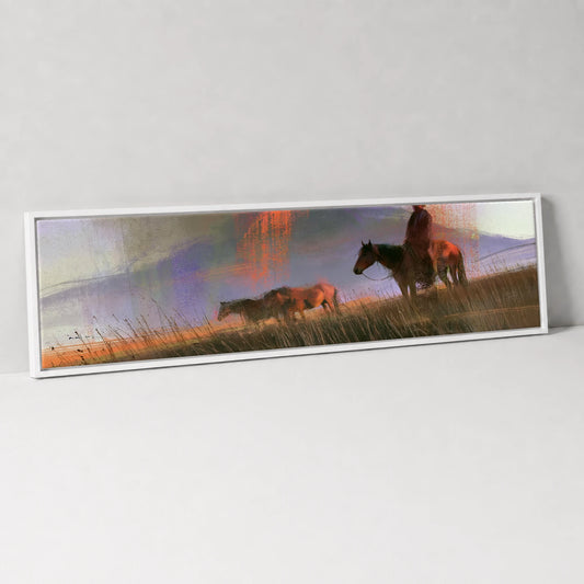 Trail Through Violet Skies Horse Landscape panoramic canvas wall art in white float frame