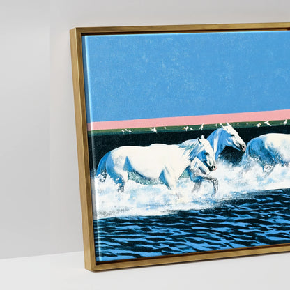 Azure Coastal Gallop - artwork detail in an antique gold float frame