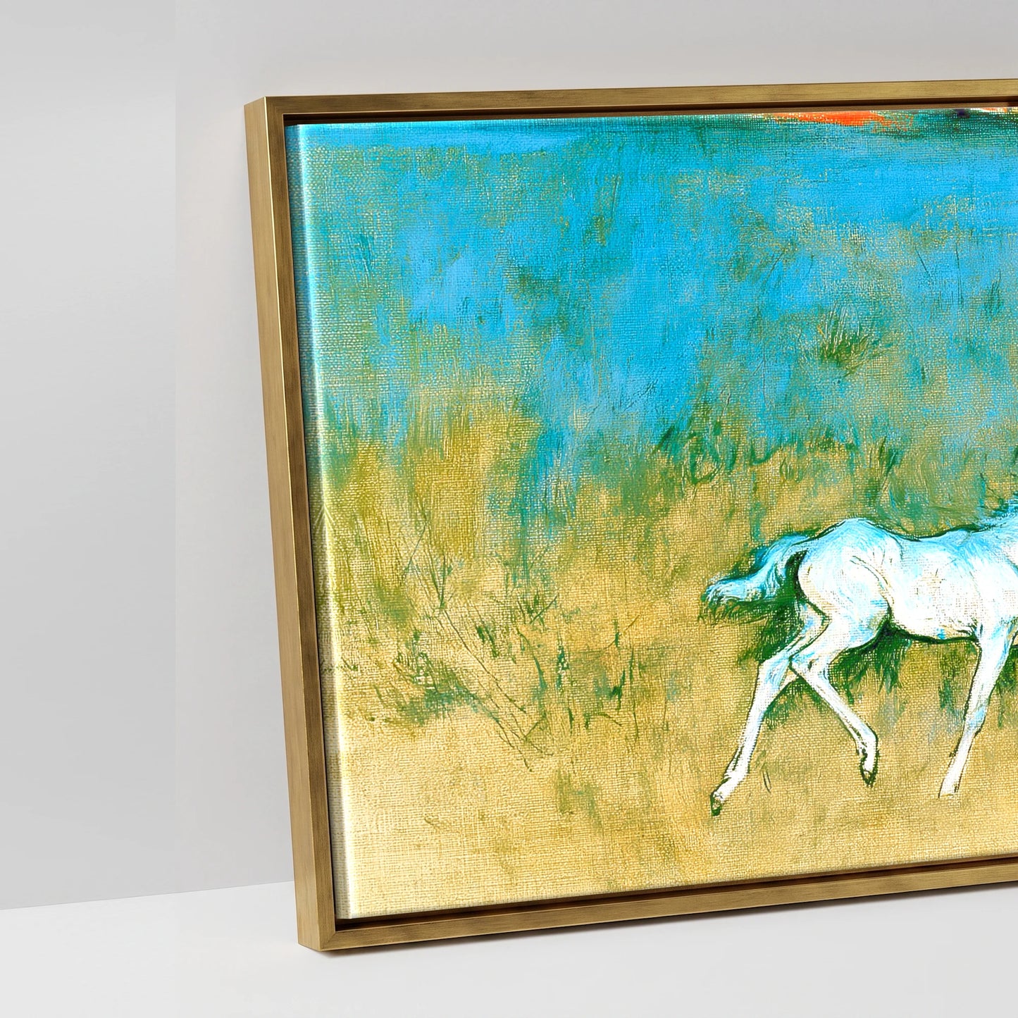Vibrant Azure Strides - artwork detail in an antique gold float frame