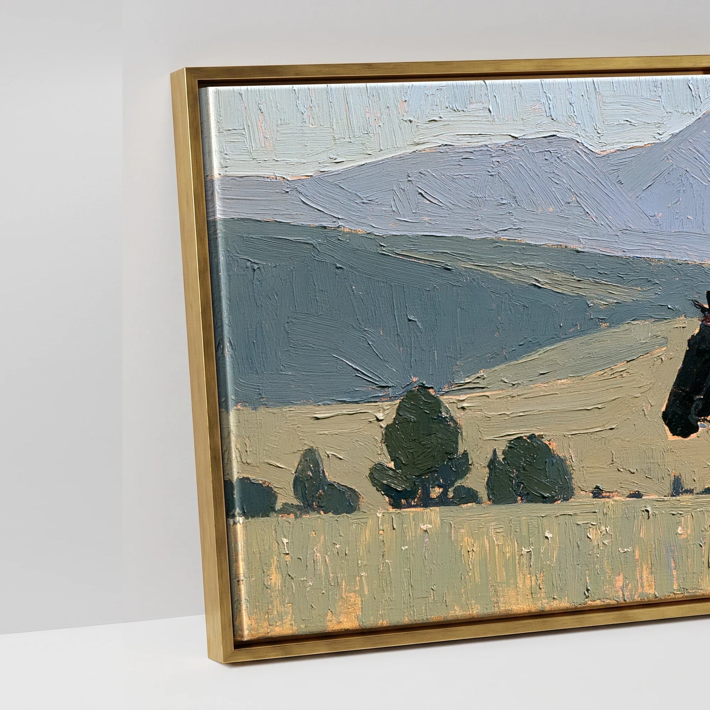 Across the Blue Ranges - artwork detail in an antique gold float frame