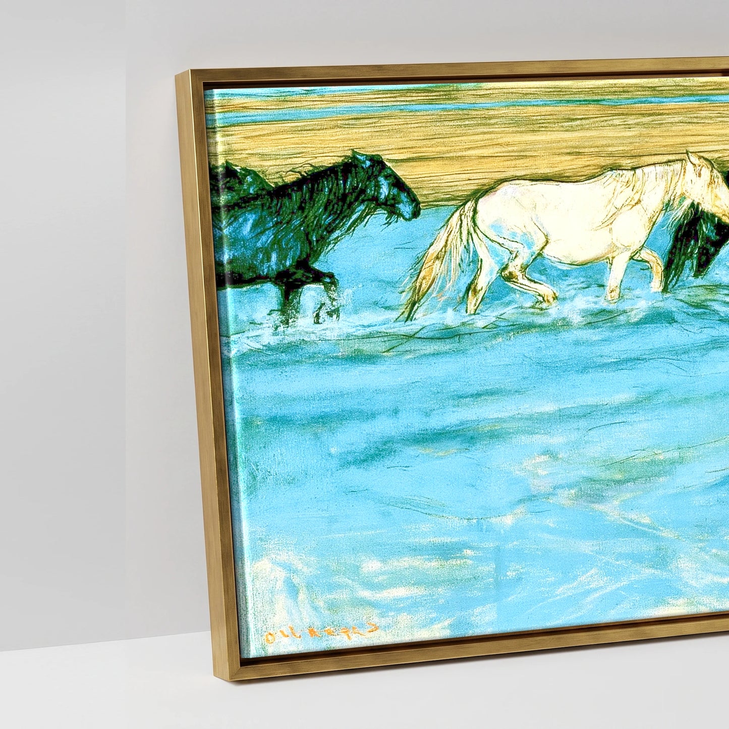 Painted Herd in Azure - artwork detail in an antique gold float frame