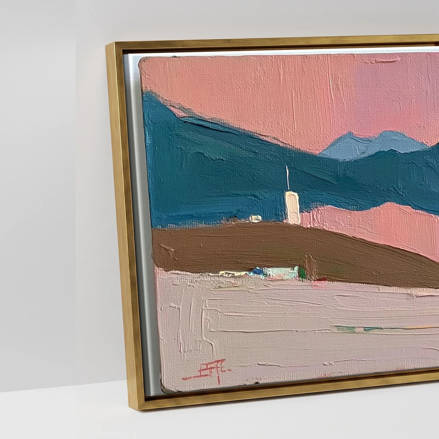 Rose and Teal Horizon - artwork detail in an antique gold float frame