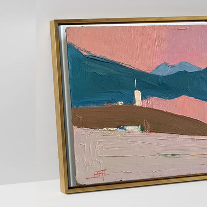 Rose and Teal Horizon - artwork detail in an antique gold float frame