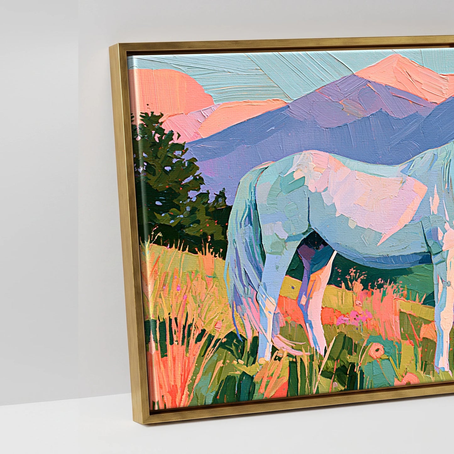 Vibrant Alpine Dawn - artwork detail in an antique gold float frame