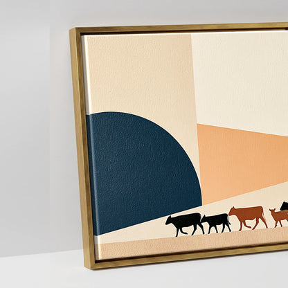 Mid-Century Cattle Drive - artwork detail in an antique gold float frame