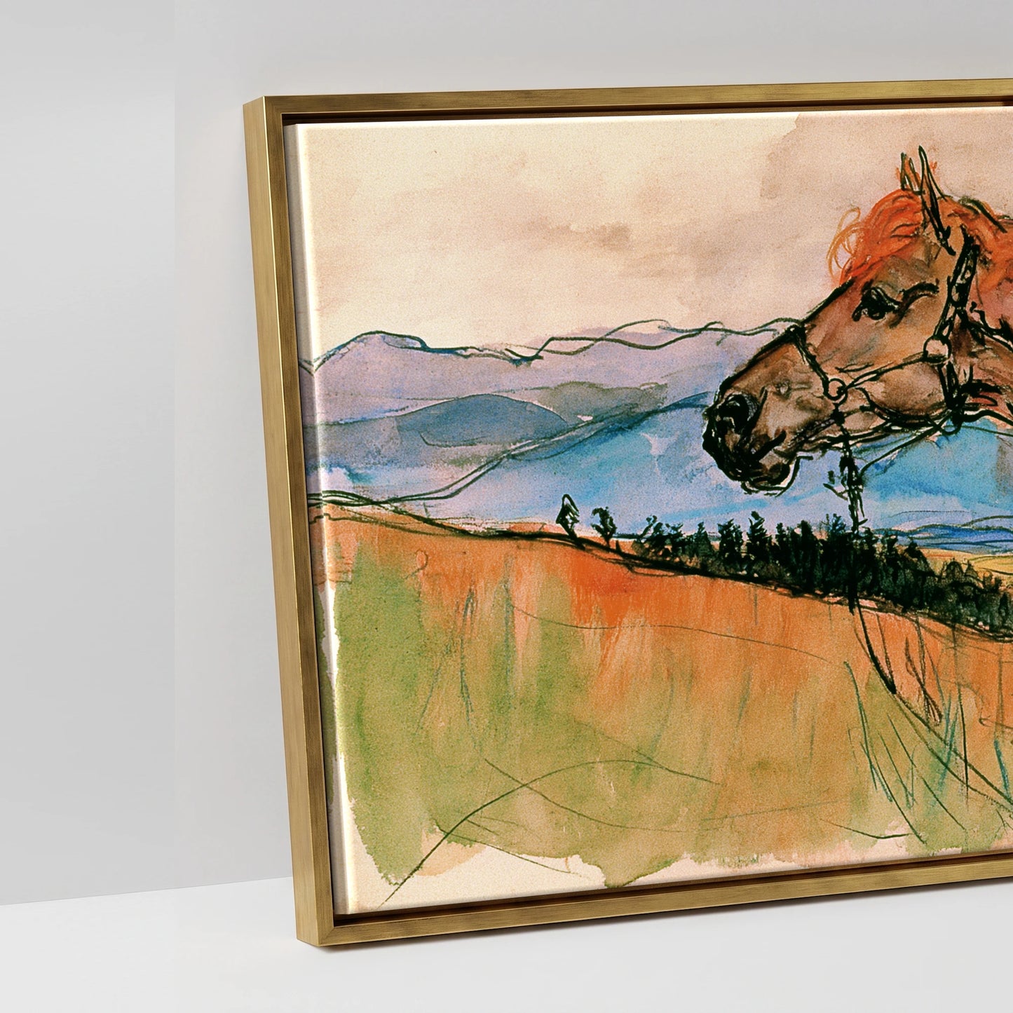 Mountain Spirit in Ochre - artwork detail in an antique gold float frame