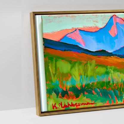 Technicolour Mountain Grazing - artwork detail in an antique gold float frame
