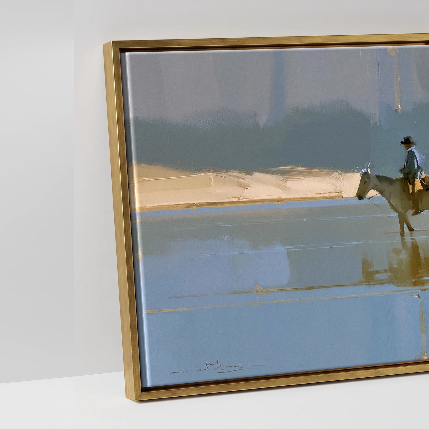 Sunlit River Crossing - artwork detail in an antique gold float frame