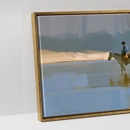 Sunlit River Crossing - artwork detail in an antique gold float frame