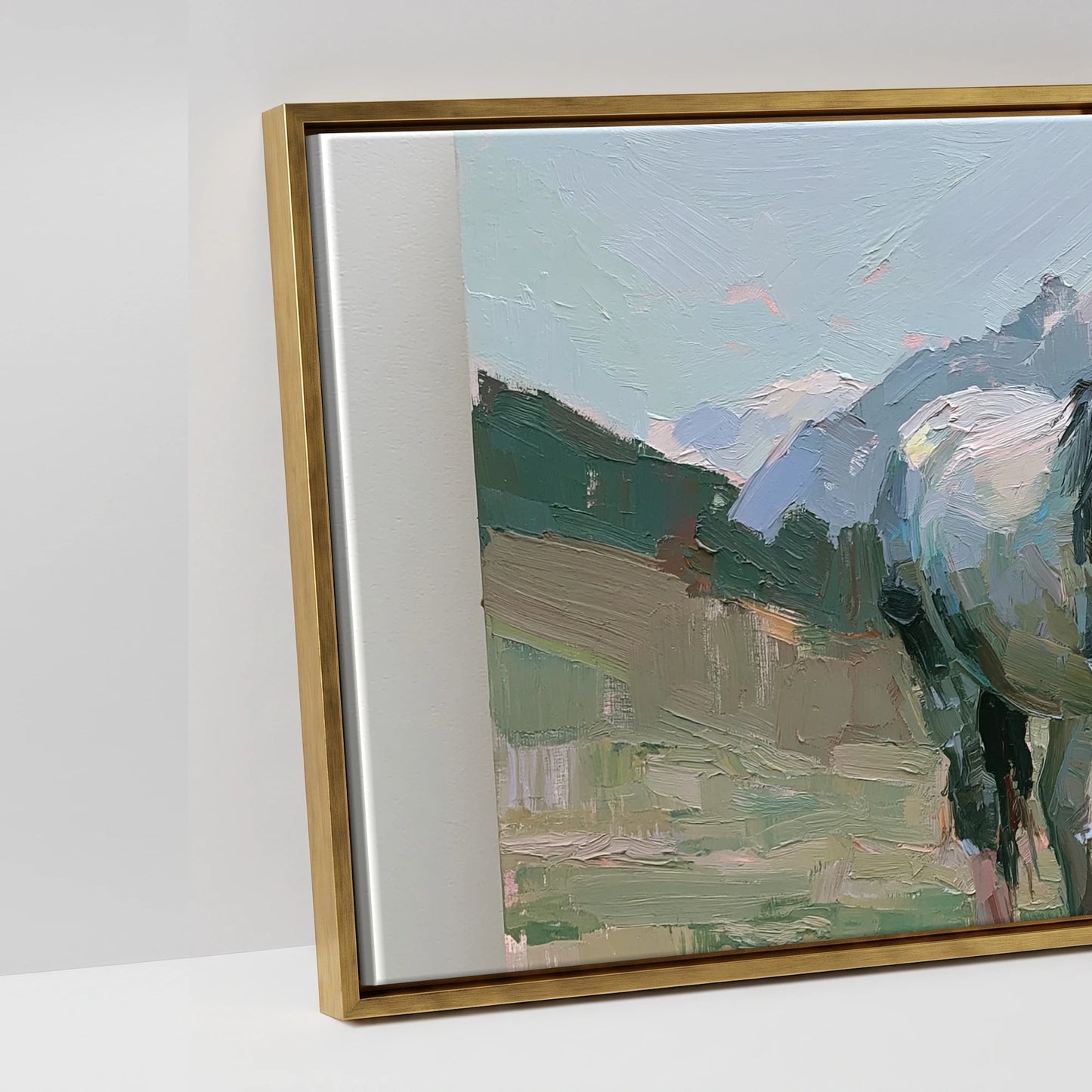 Pastures Beneath the Peaks - artwork detail in an antique gold float frame