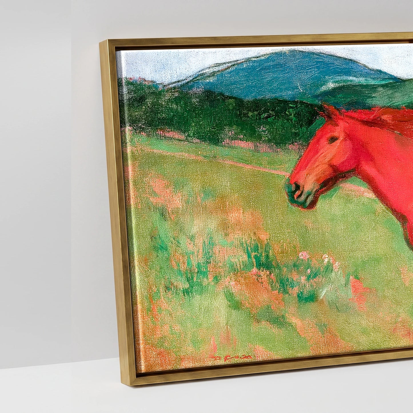 The Crimson Gallop - artwork detail in an antique gold float frame