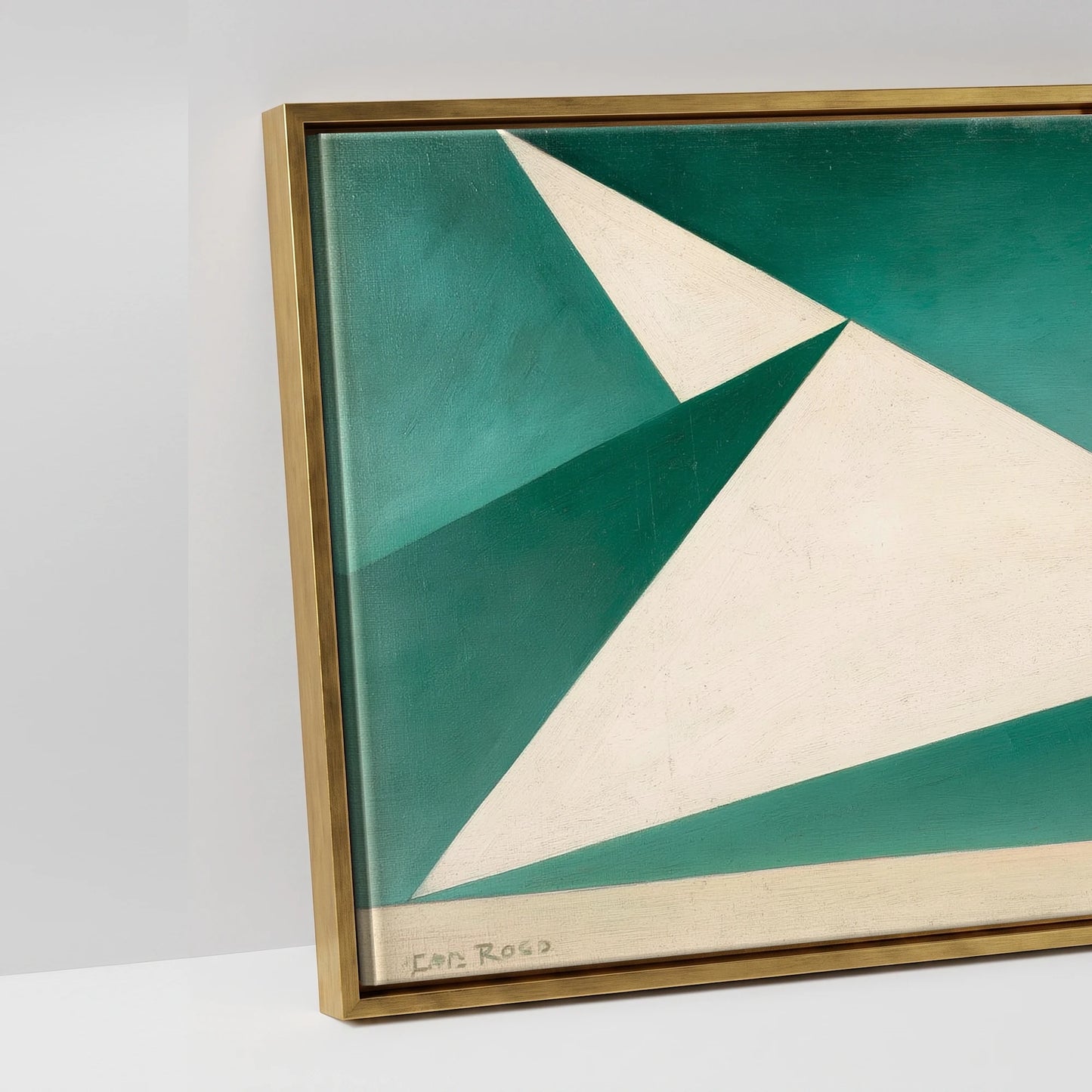 Geometric Green Striding Horse - artwork detail in an antique gold float frame
