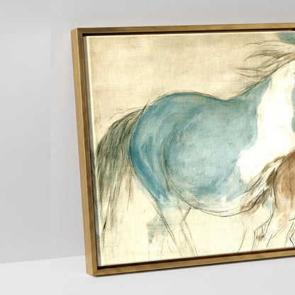 Teal and Parchment Herd - artwork detail in an antique gold float frame