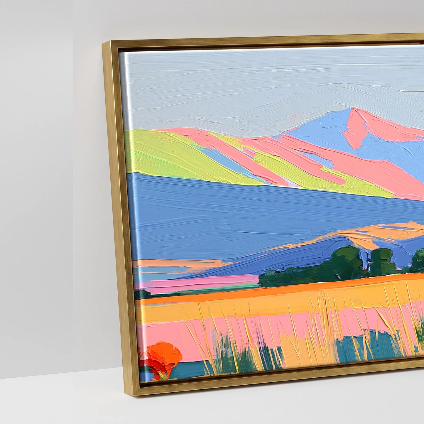 Technicolour Mountain Pasture - artwork detail in an antique gold float frame