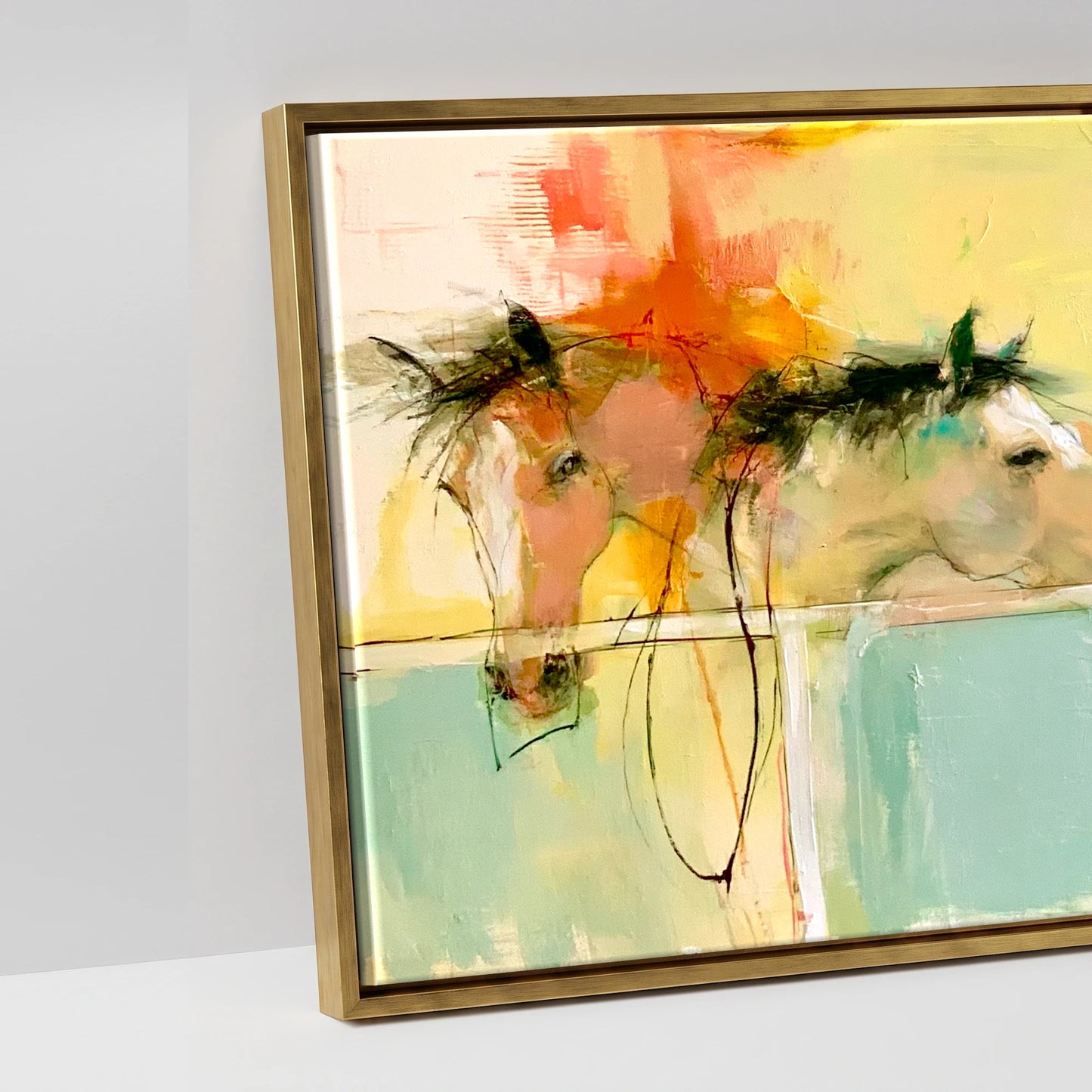 Vibrant Stable Companions - artwork detail in an antique gold float frame