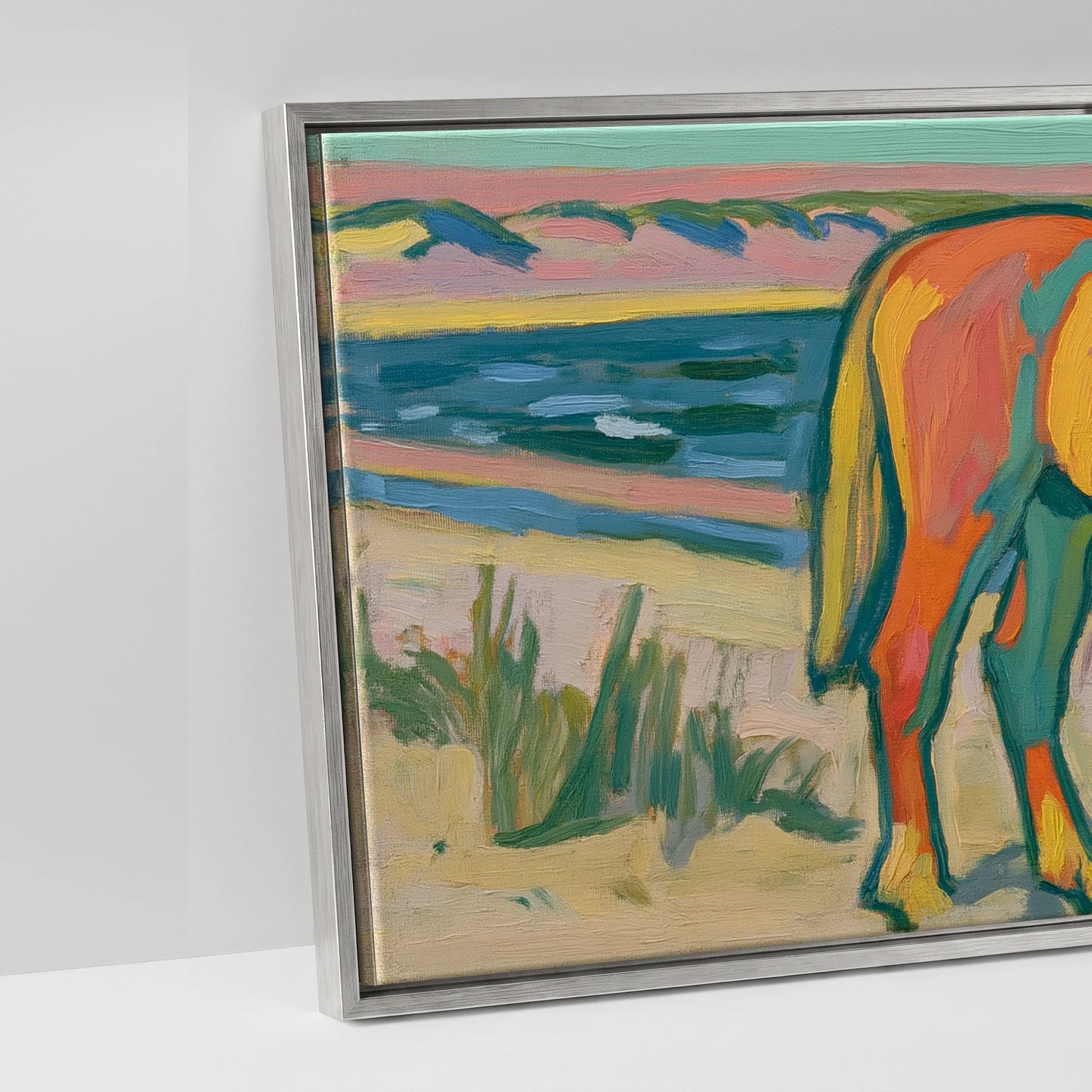 Vibrant Coastal Equine - artwork detail in an antique silver float frame