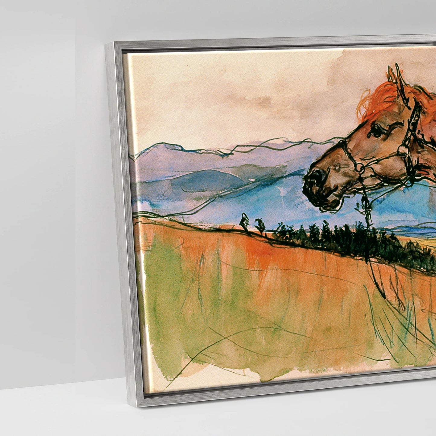 Mountain Spirit in Ochre - artwork detail in an antique silver float frame